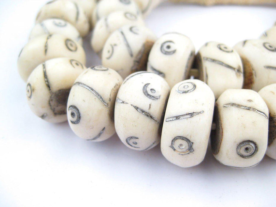 Carved White Bone Beads - Full Strand of Fair Trade Artisanal African Beads - The Bead Chest (Criss Cross Eye), Adult Unisex, Size: Large
